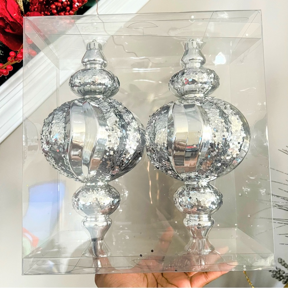 Silver Glitter Large Finial Ornament Set of 2